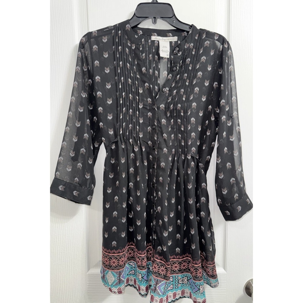 American Rag Cie Women 3/4 Sleeves Top Button Down Pleats Medium Boho Festival